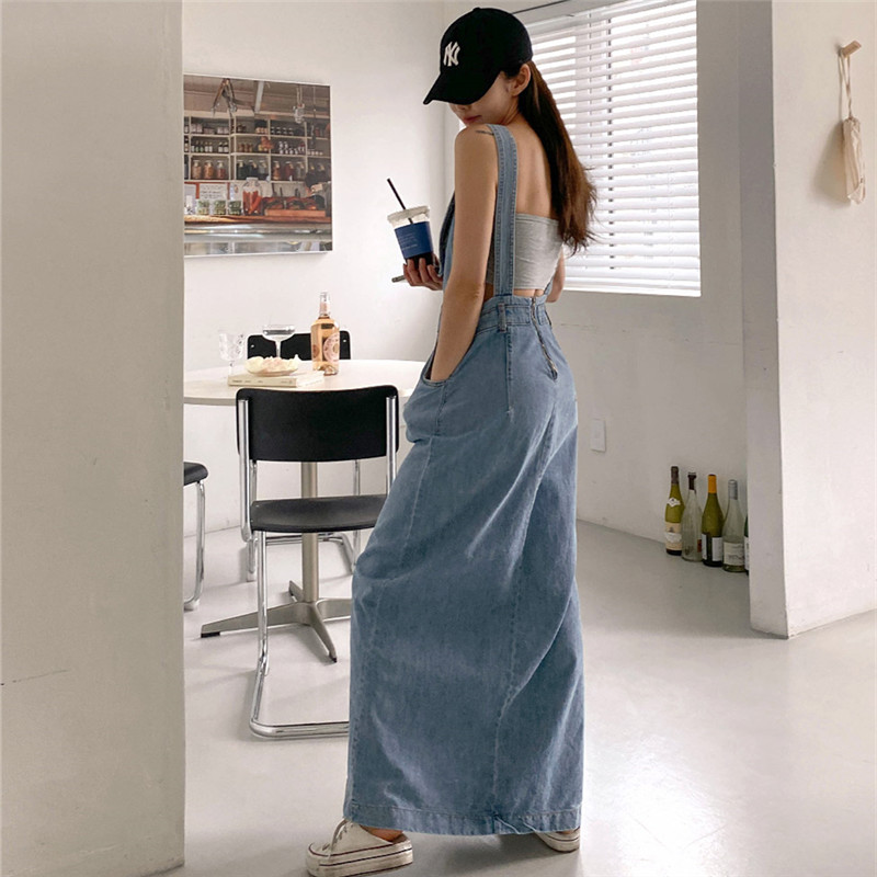 牛仔背带裙宽松大码过膝长款连衣裙高腰开叉娃娃裙休闲学生吊带裙