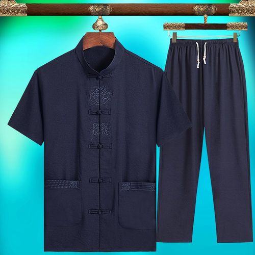 爷爷唐装套装男短袖衬衫夏季新款中老年人男装盘扣中国风爸爸t桖