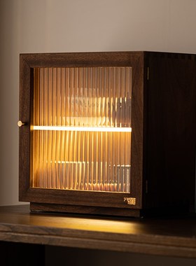 胡桃木小型桌面茶具防尘柜收纳柜创意带灯储物柜实木茶室展示柜