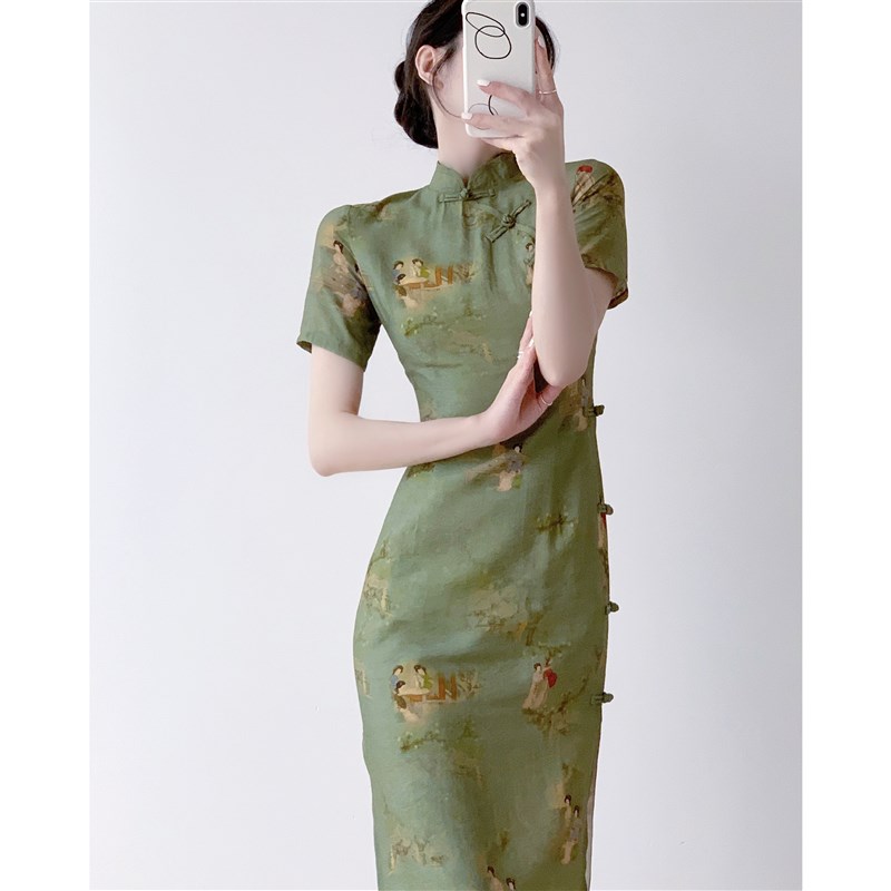 橘里CHIU娉袅古典箬竹显白绿色新中式国风仕女图旗袍连衣裙2023夏