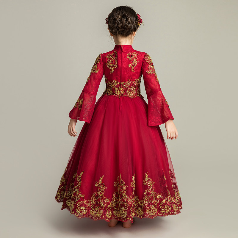 儿童礼服公主裙女童晚宴礼裙小主持人中国风长裙长袖婚纱模特走秀