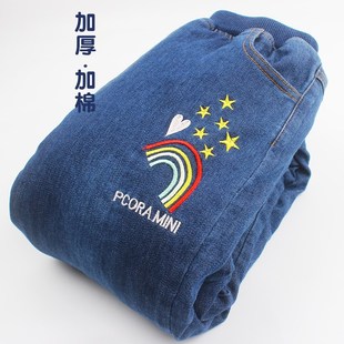 女童牛仔裤冬季外穿夹棉一条过冬北方儿童裤子三层加厚超保暖棉裤