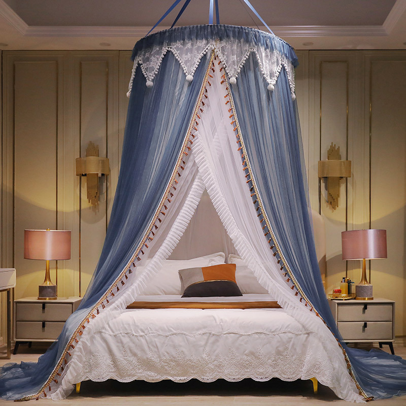 2022新款吊顶蚊帐圆顶吊挂式双层纱加密中老年简约灰色1.2-2m床用