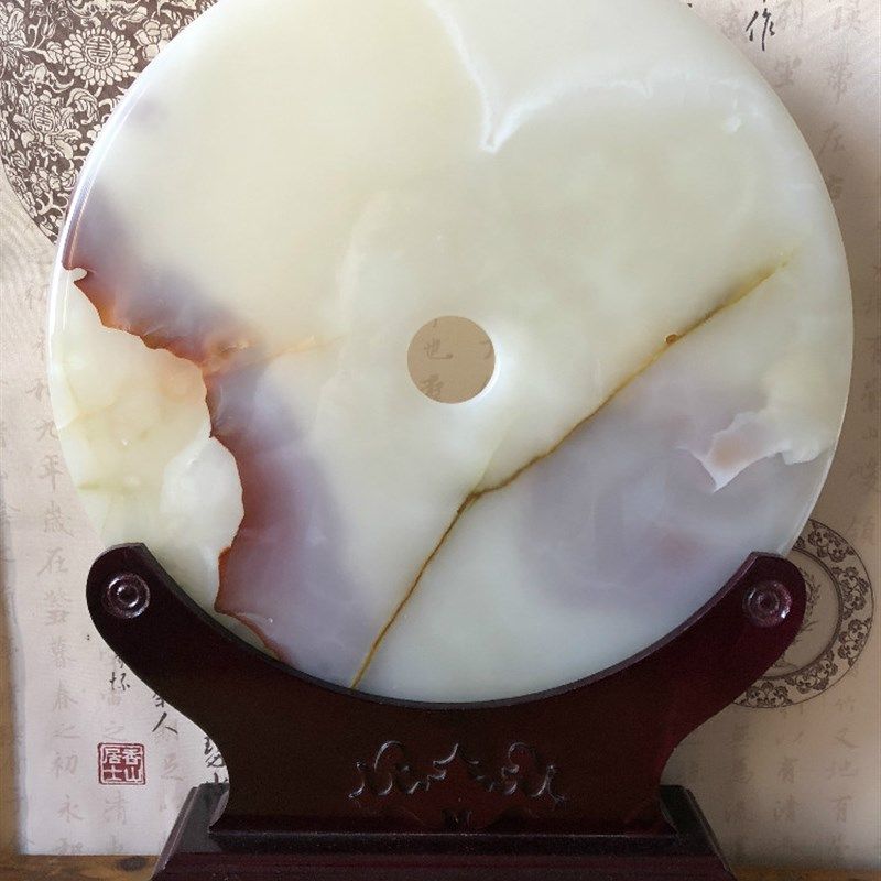 巴基斯坦天然玉石平安扣家居装饰摆设玄关乔迁和氏璧红花图案摆件