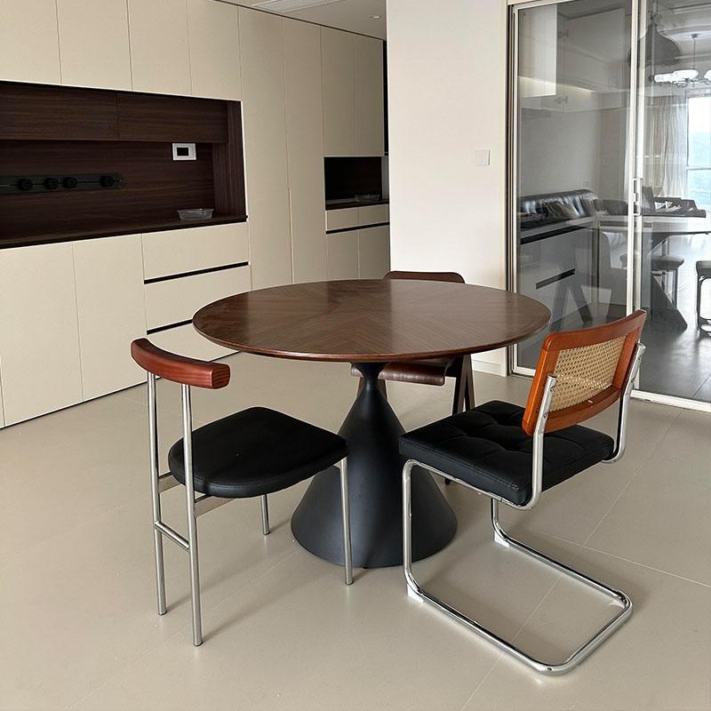 中古风圆形餐桌拼花实木家用小户型侘寂风复古餐桌椅胡桃木圆饭桌