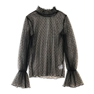 内搭纱衣 洋气长袖 波点网纱上衣女秋黑色半高领蕾丝打底衫 神仙薄款