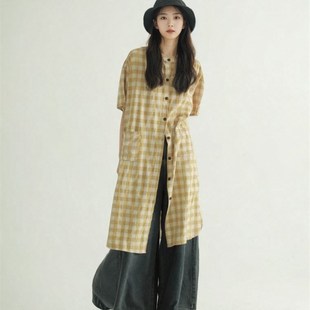 复古格子圆领衬衫连衣裙女夏季文艺日杂风叠穿短袖中长裙小个子