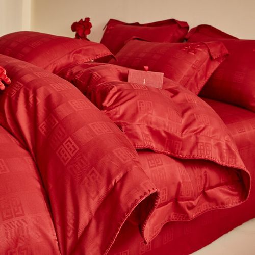 高档中式结婚四件套大红色新婚陪嫁被套纯棉婚庆床上用品婚房喜被