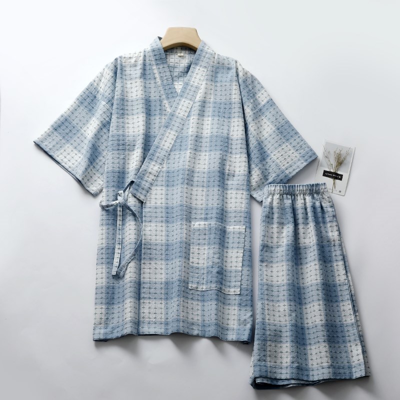 出口   和服睡衣女提花水洗棉布短袖短裤薄款格子家居服两件套装