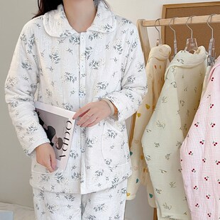 女士棉花加厚睡衣妈妈宽松夹棉保暖上衣睡裤大码家居服两件套装