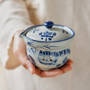 旅行茶具出差泡茶壶 景德镇粗陶釉下彩青花手绘猫咪一壶二杯便携式