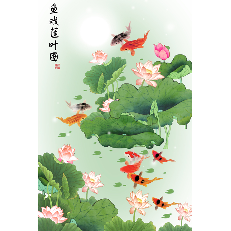定制九鱼图装饰画鱼戏莲叶图玄关客厅墙画餐厅壁画挂画荷花大海报图片