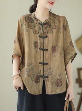 速发国风复古盘扣苎麻棉衣季高端气质薄款印花衬夏士麻上衣