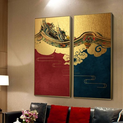 速发鸿运祥和建典古筑客厅装饰画式中新玄关双幅故宫挂画沙发背景