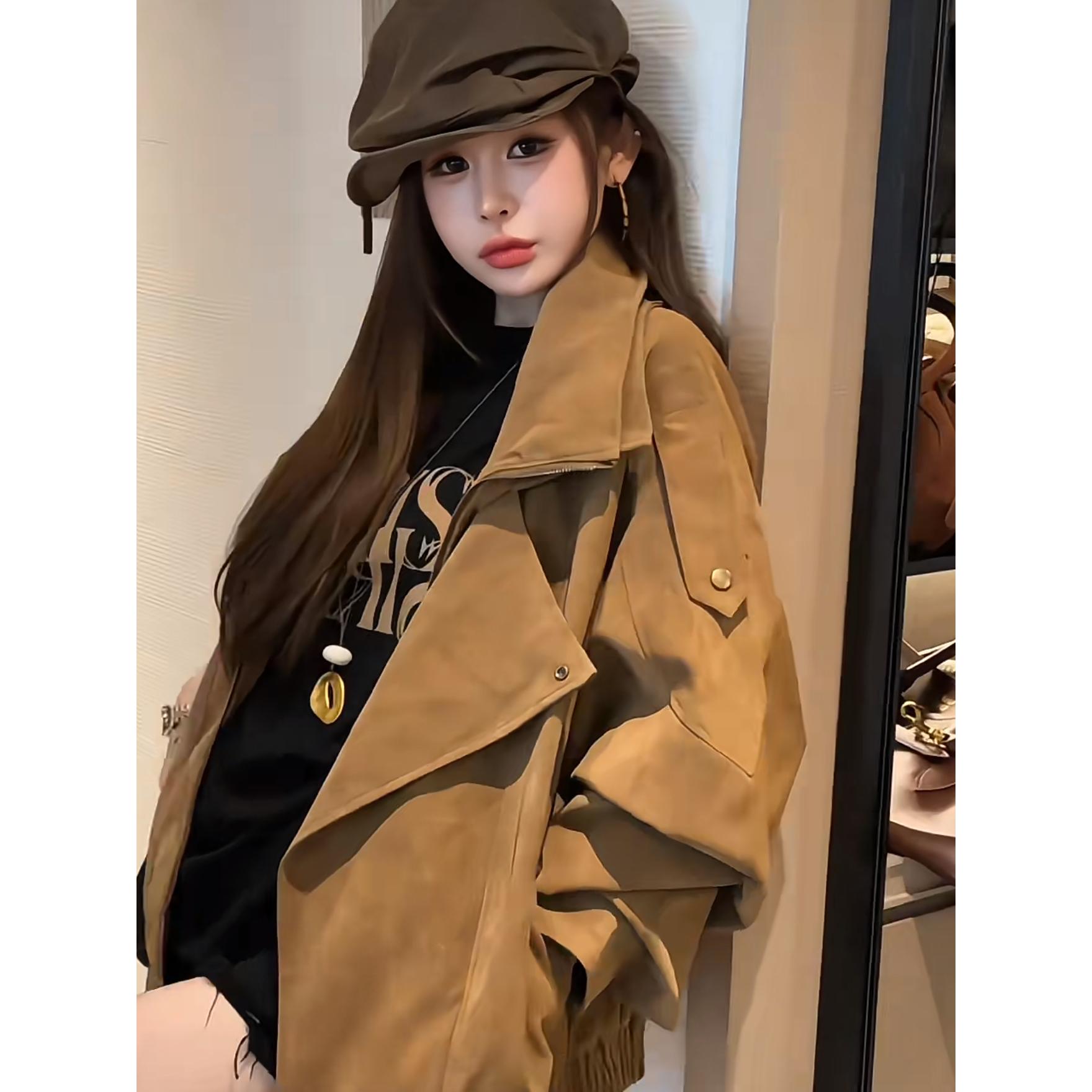 美拉德复古棕色机车麂皮外套女秋季高级感宽松翻领廓形感夹克上衣
