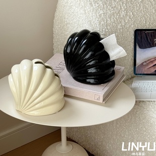 高级感陶瓷纸巾盒贝壳抽纸盒法式 饰摆件 桌面客厅艺术感可爱创意装