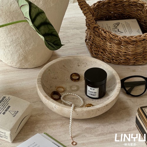 林与/侘寂风装饰盘黄洞石大理石首饰收纳盘法式复古样板房桌摆件