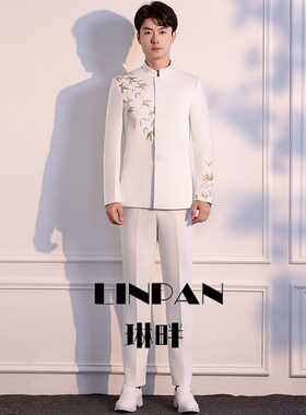速发白色元合中山装表2服装20演4新款男款中式大旦唱团演出服朗诵
