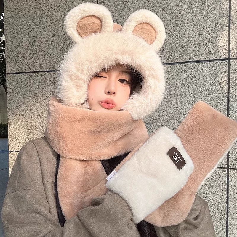 甜美蝴蝶结刺绣毛绒手套围巾一体帽冬季保暖防冻骑行三件套帽