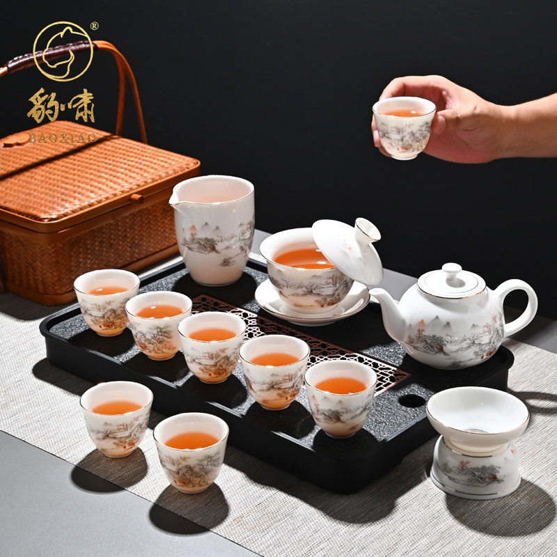 羊脂玉瓷茶具套组家用茶杯纯白悬停盖碗茶壶带茶盘茶道六君子礼盒