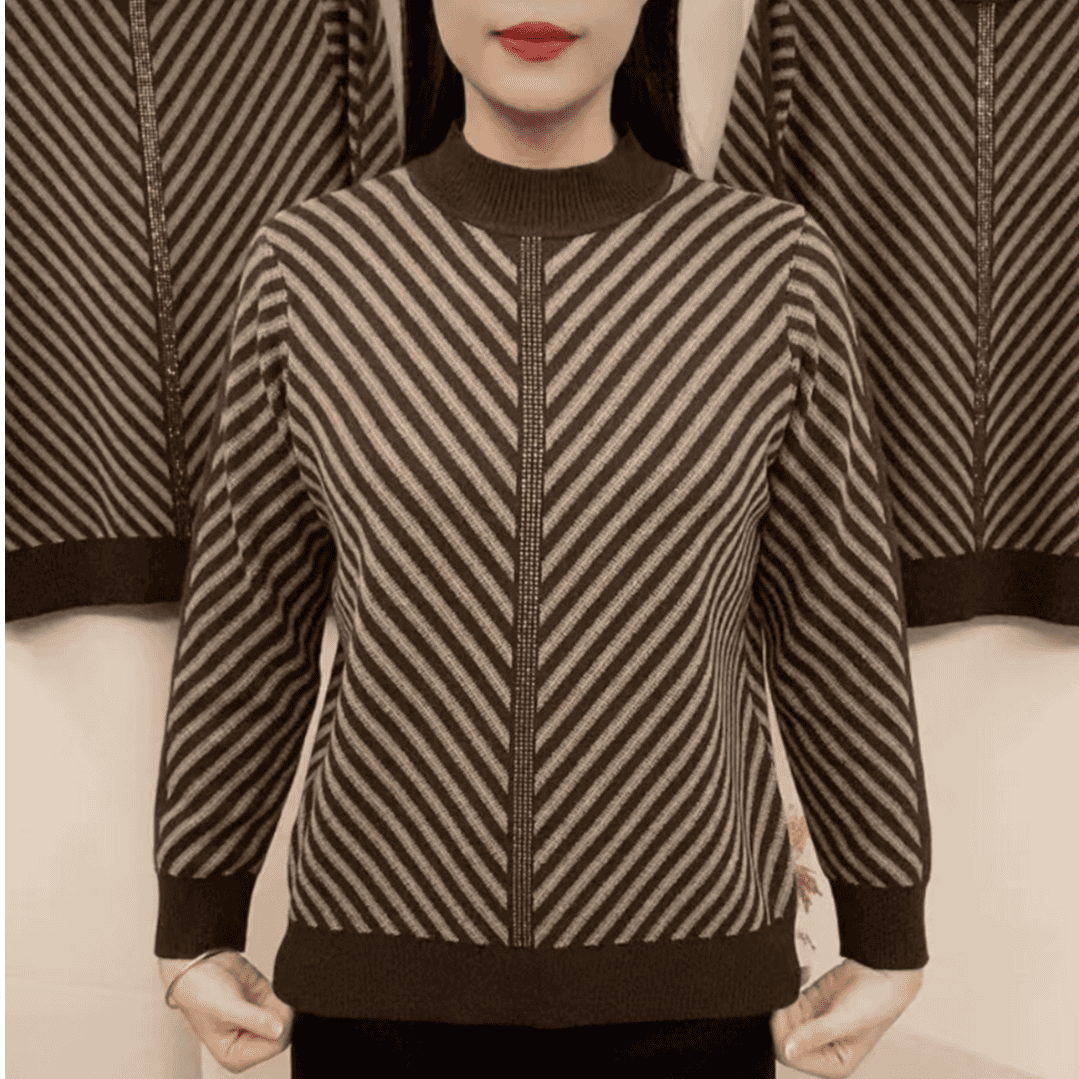 高档气质条纹烫钻圆领针织上衣女