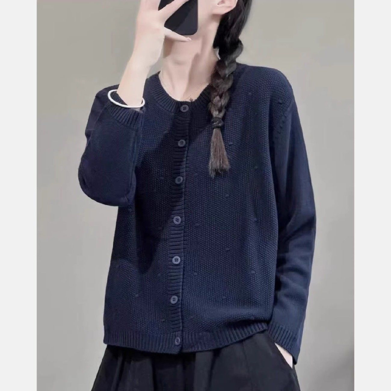 复古文艺纯色圆领针织开衫