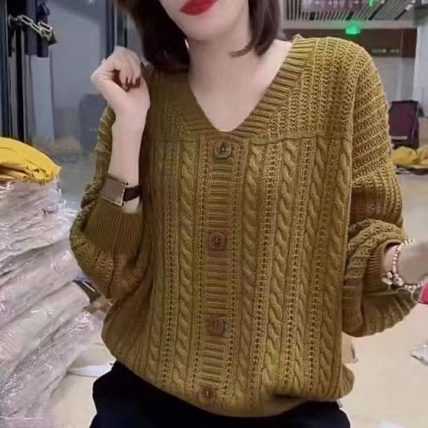 2025V领麻花女毛衣套头纯色菱形扭花纽扣秋冬洋气爆款时尚针织衫