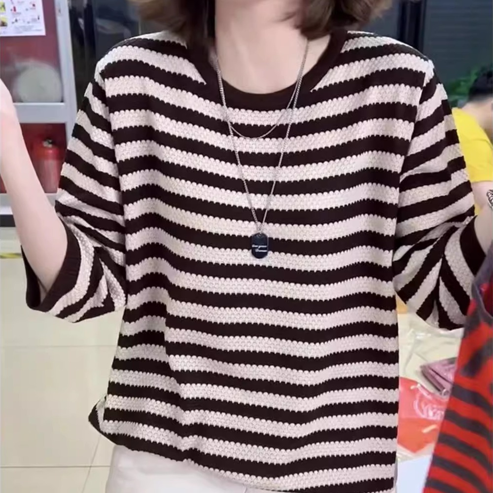 镂空条纹七分袖针织衫女士圆领新款宽松显瘦韩版简约薄款减龄上衣