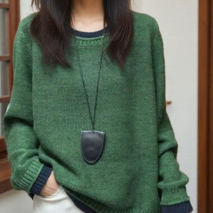 毛衣不起球2025新款秋冬圆领厚棉线针织衫女士洋气宽松拼色领长袖