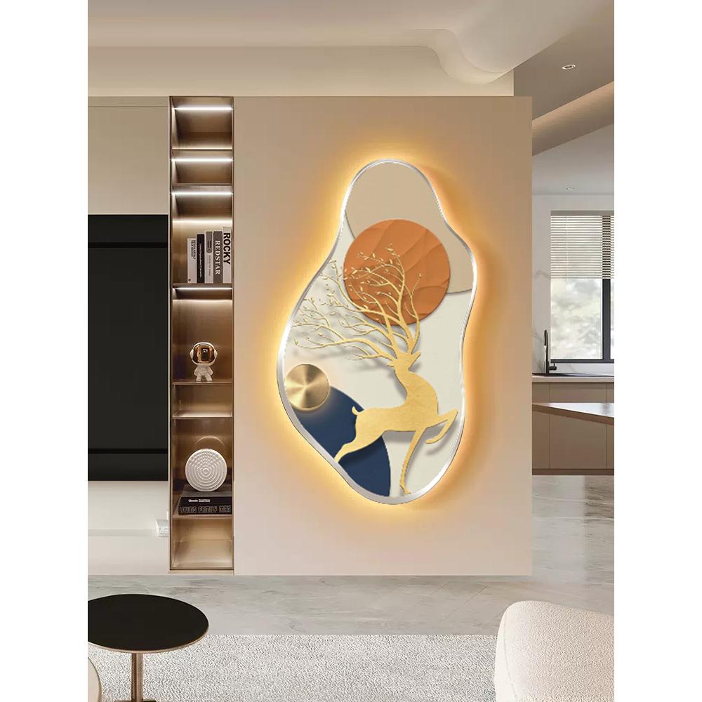 现代艺术抽象装饰画玄关走廊LED氛围灯画福鹿高升竖版挂画墙壁画图片