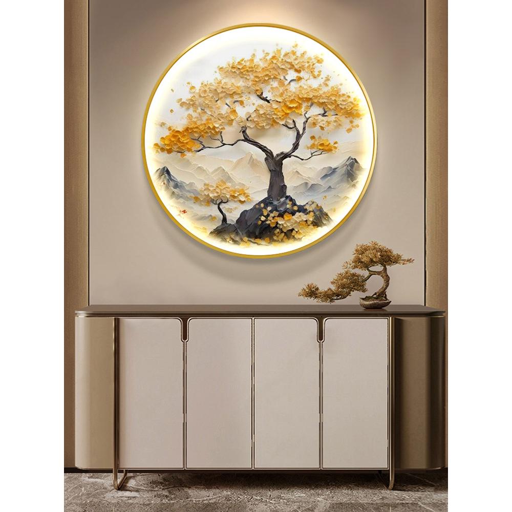 发财树发光玄关装饰画LED灯光画感应现代轻奢走廊过道圆形挂画图片