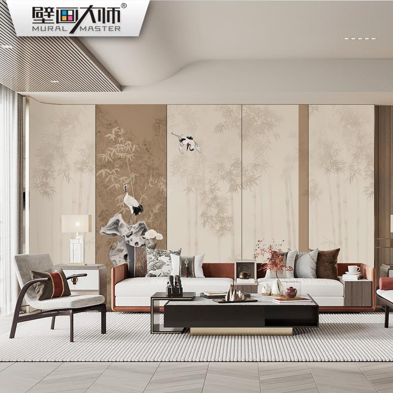 宋代美学禅意仙鹤壁布新款中式拼色壁纸背景墙布茶室客厅竹子壁画