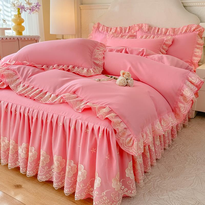 韩版公主风床裙四件套少女蕾丝花边被套水洗棉磨毛床单三件套床罩
