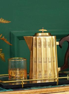 费灵家居进口黄铜手工雕花实木把手水扎轻奢冷水壶铜制壶装饰摆件