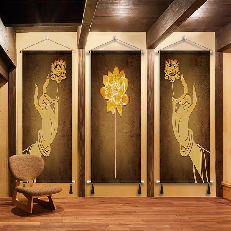 中式佛手莲花布艺挂画卧室书房禅意挂毯民宿客栈室内墙面装饰挂布