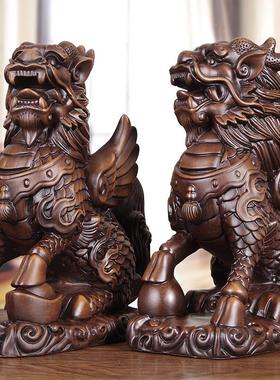 实木雕麒麟摆件公母一对中式玄关酒柜客厅招财镇宅送子手工艺礼品