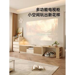 原木地板到天花板客厅可伸缩电视柜高柜组合小公寓电视背景墙猫窝