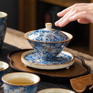陶瓷汝窑金万花斗笠三才盖碗茶杯家用高档泡茶碗大号不烫手茶具