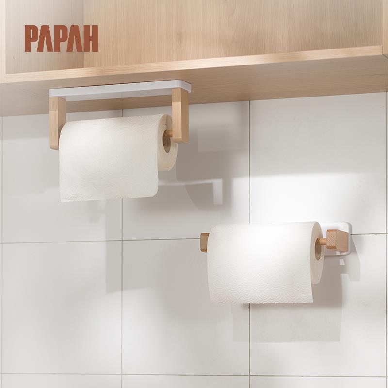 厨房纸巾架置物架日式实木卷纸架挂架保鲜膜袋收纳抹布架子免打孔