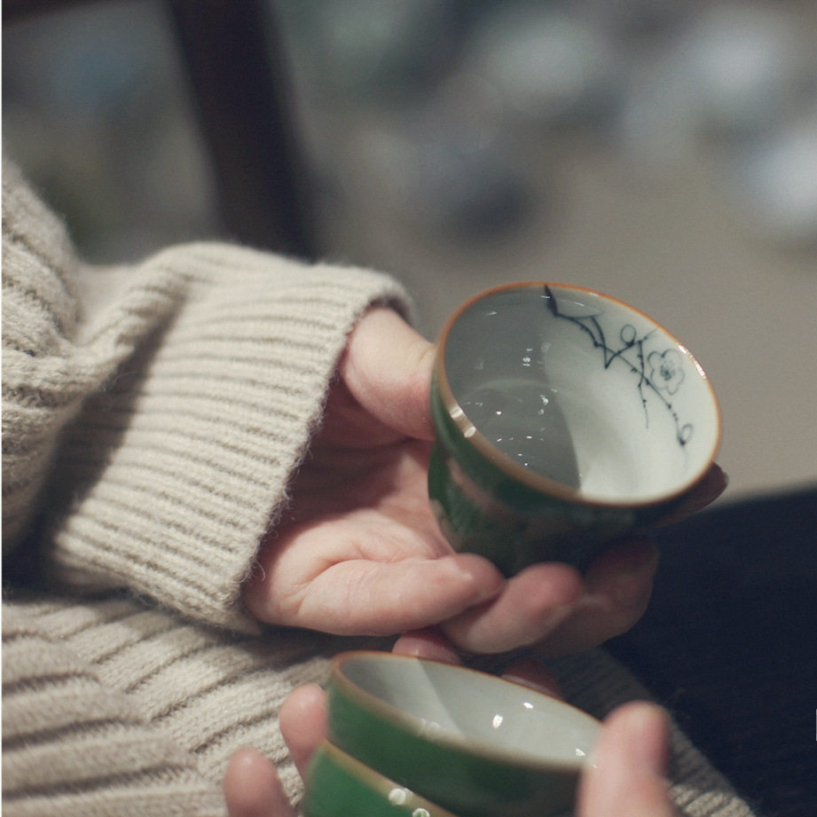 绿纳福葫芦杯 茶杯 品茗杯 手绘梅花 釉下彩 仿古中式茶具