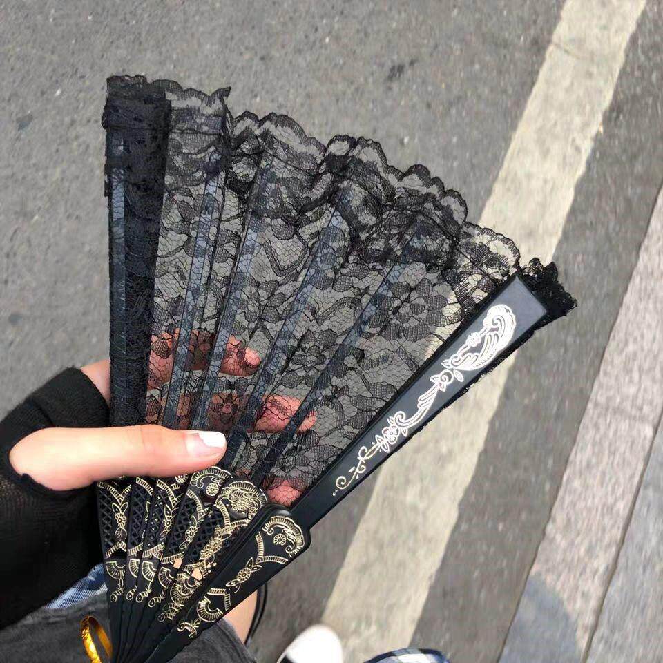 女士旗袍舞蹈跳舞小折扇黑色蕾丝古风扇子中国风古典双面复古扇子