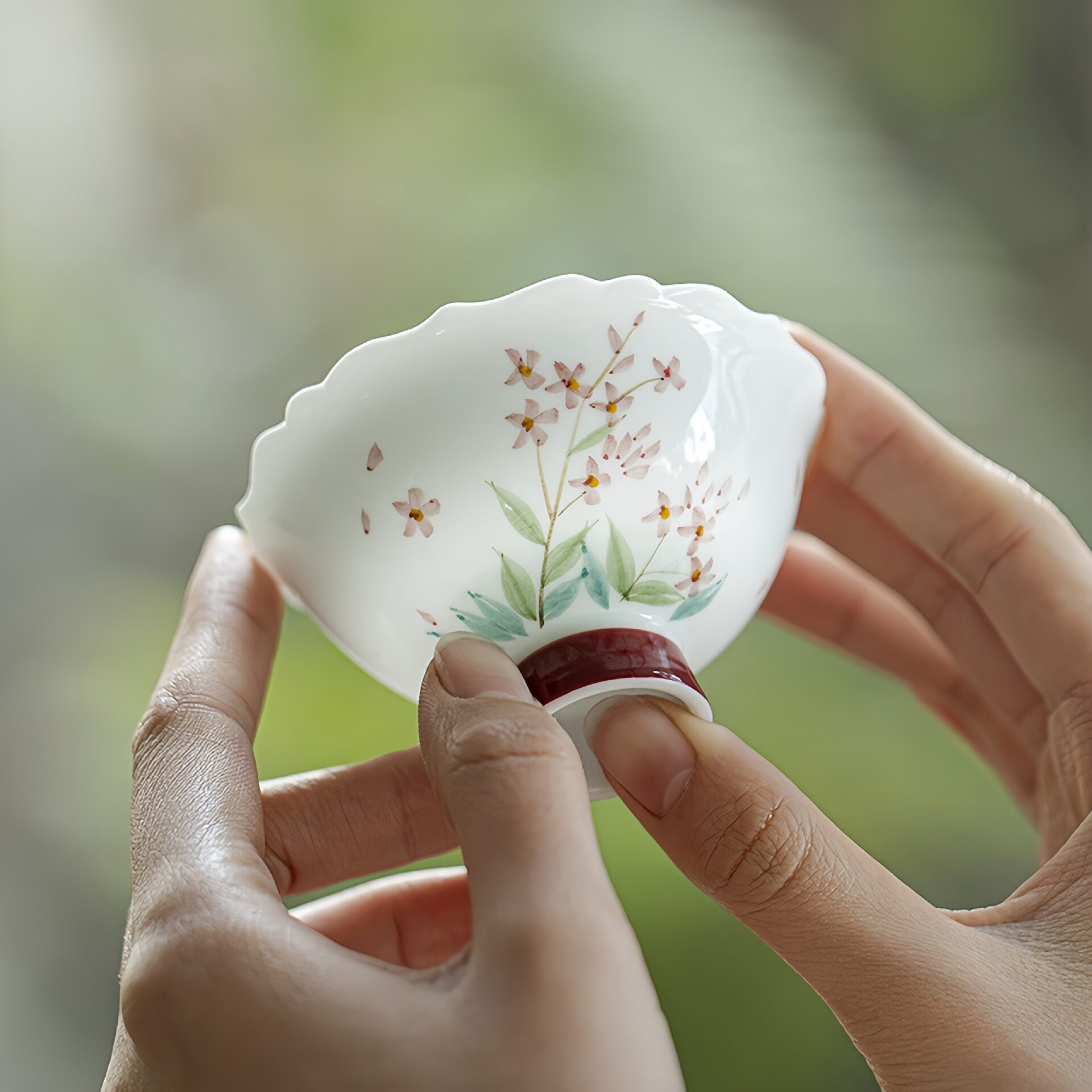 白瓷仿宋小高足花口茶杯功夫茶具家用手绘红花品茗杯单杯