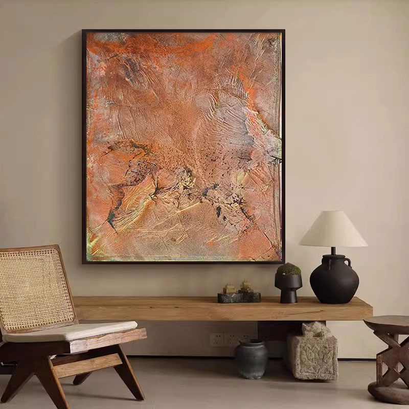 中古风赵无极橘色客厅装饰画侘寂复古高级感抽象肌理感玄关墙挂画