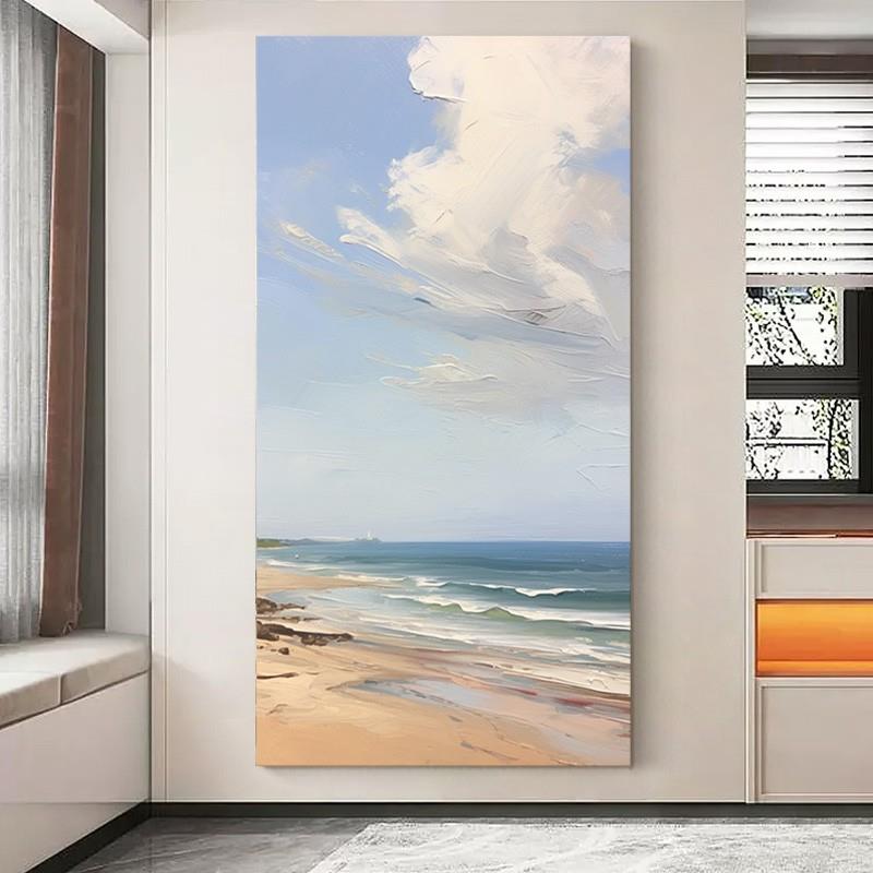 定做。饰纯手绘油画装盐代朔海滩玄朴现画关走廊过挂道素画入口
