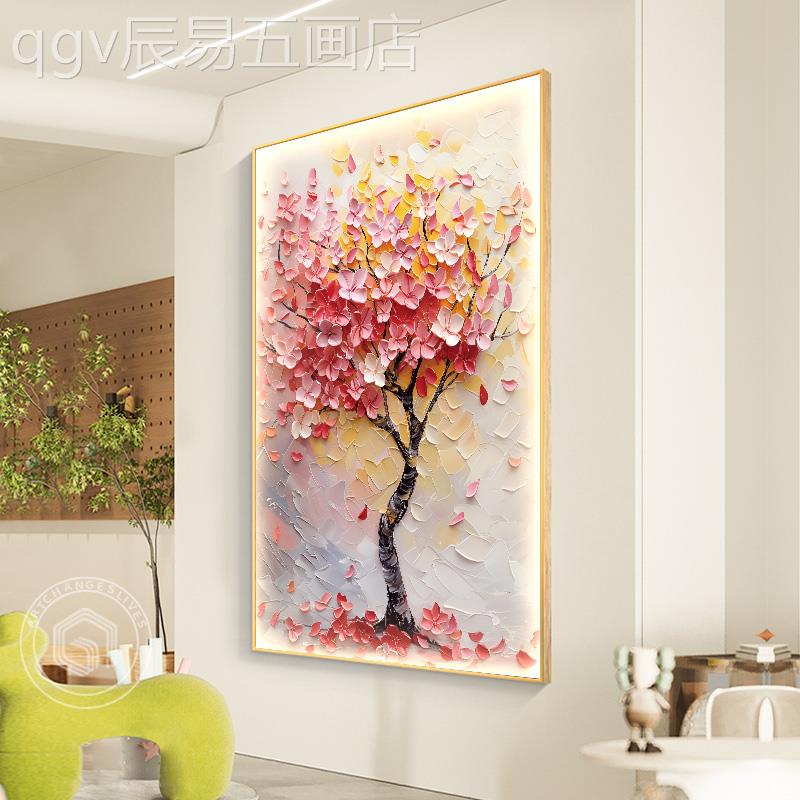 网红新款客厅装饰画落地色挂寓发意财树油玄关粉画发好背景墙沙画图片
