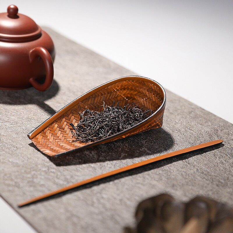 竹编大漆茶则茶拨赏茶荷手工小簸箕复古茶叶铲茶针老竹器茶道配件