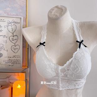 文胸 薄小胸少女纯欲裹胸美背背心式 法式 白色挂颈蕾丝内搭内衣夏季