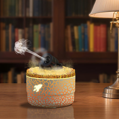 新款仿真炮台香薰机智能定时加湿器火山熔岩裂纹火焰加湿器雾化器