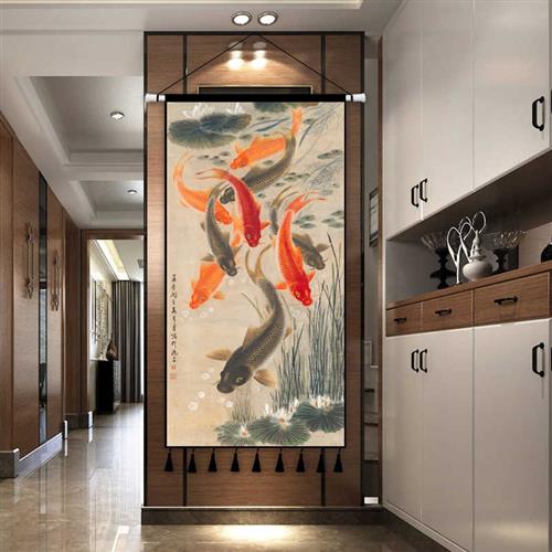 中式挂画布艺九鱼图装饰画客厅背景墙装饰挂布挂毯画玄关超大布画图片