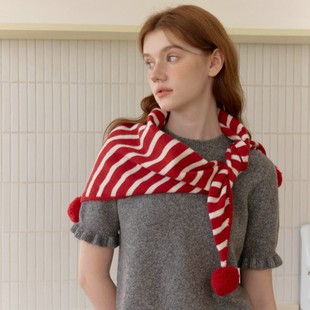 红色披肩三角巾围巾女生冬新年韩系氛围感加厚慵懒风针织条纹围脖